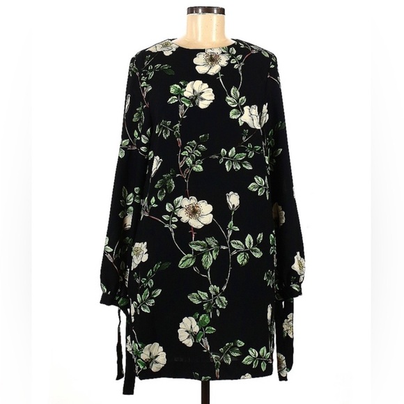 H&M Floral Long Sleeve Shift Mini Dress Black Green And White Size 6 - Picture 2 of 5